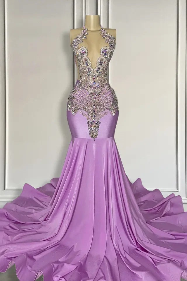 Classy Lilac Halter Mermaid Evening Gown Sleeveless Long With Beadings - lulusllly