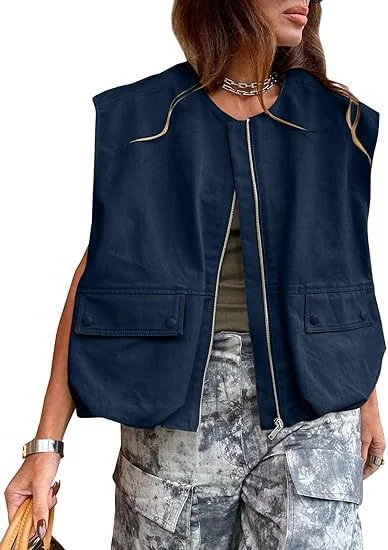 Nigikala Nigikala New Sleeveless Pocket Loose Vest Zipper Coat Woman