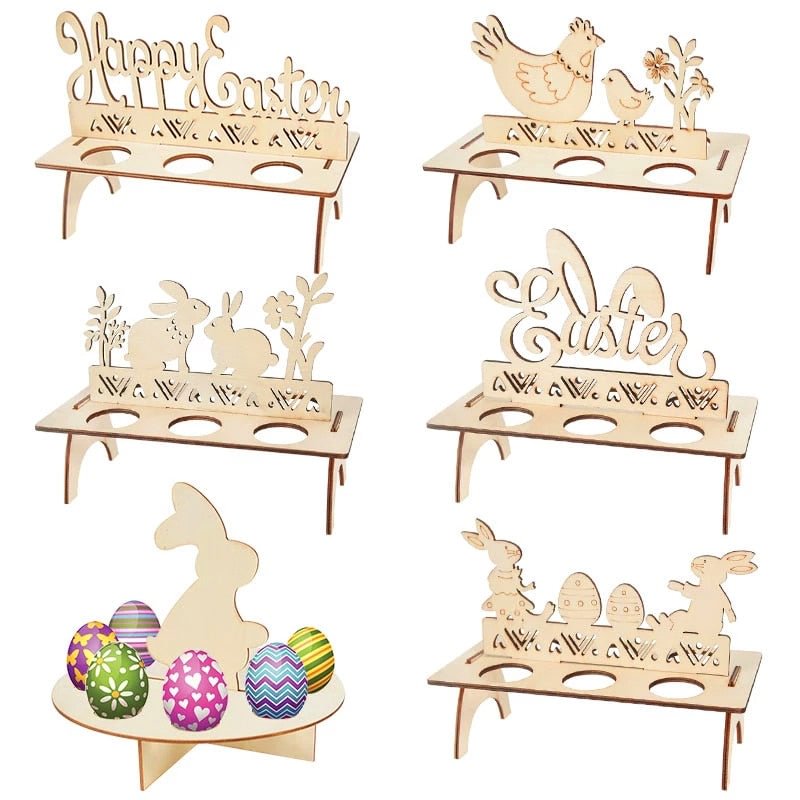 Easter Decoration for Home Wooden Easter Egg Holder Shelves DIY Craft Handmade Ornaments Kids Gift Happy Easter Party Decor 2022