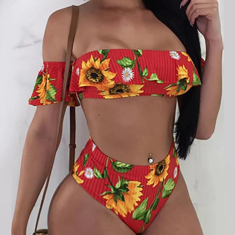 Uveng 2025 New Split Swimsuit One-Word Shoulder Lotus Side Sunflower Print High-Waist Sexy Bikini Swimsuit
