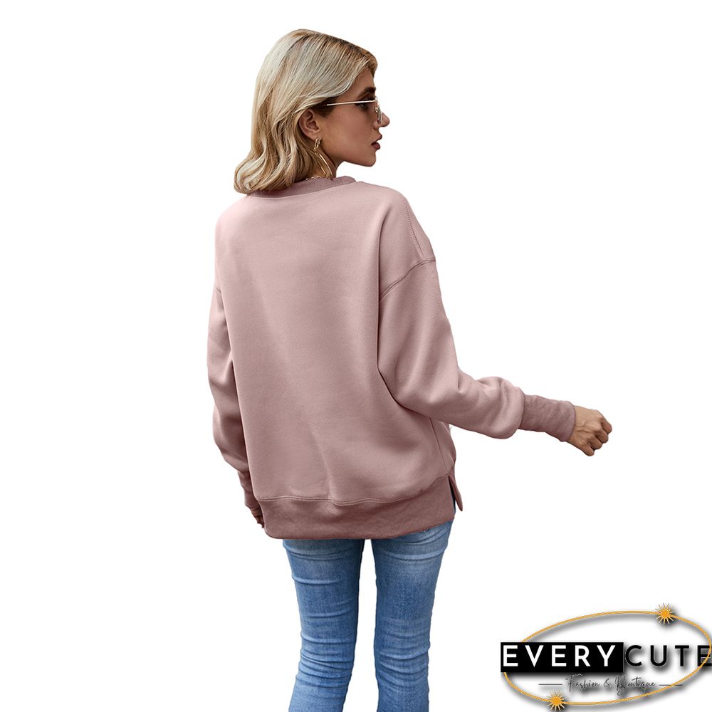 Pink Side Split Fleece Pullover Sweatshirt