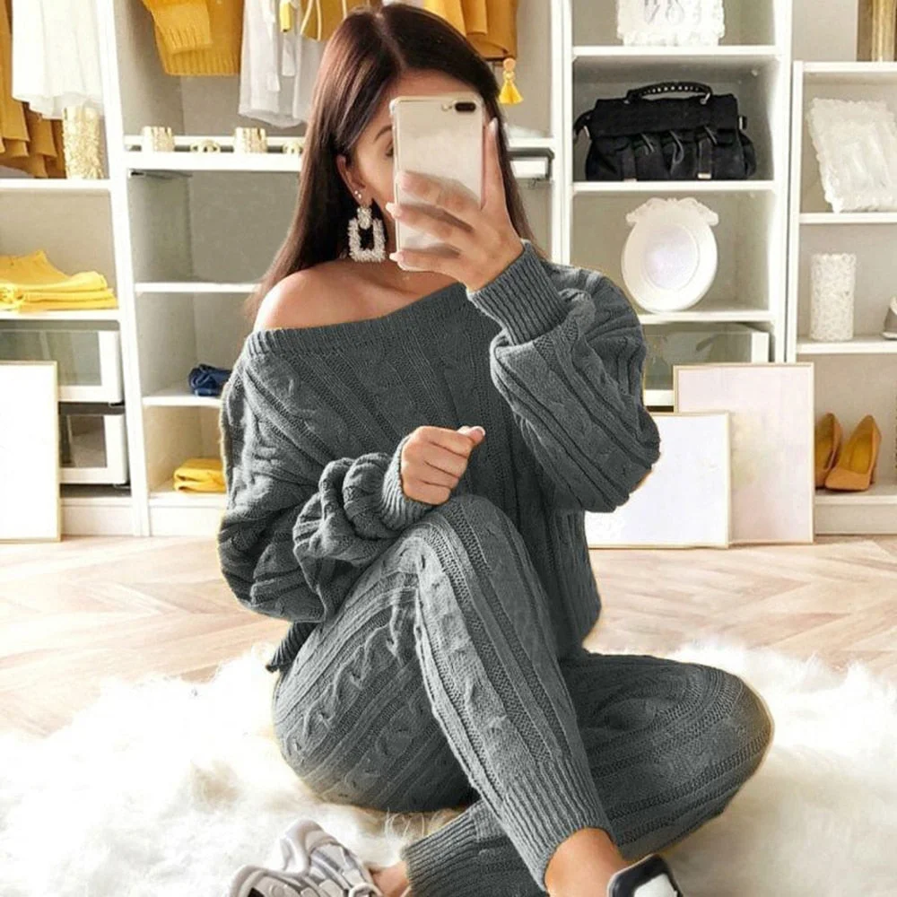 Muyogrt Knitted Sweater And Pants Two Piece Set Women Slim Crop Tops Women Sweater Pant 2 Piece Sets Womens Outfits Tracksuit