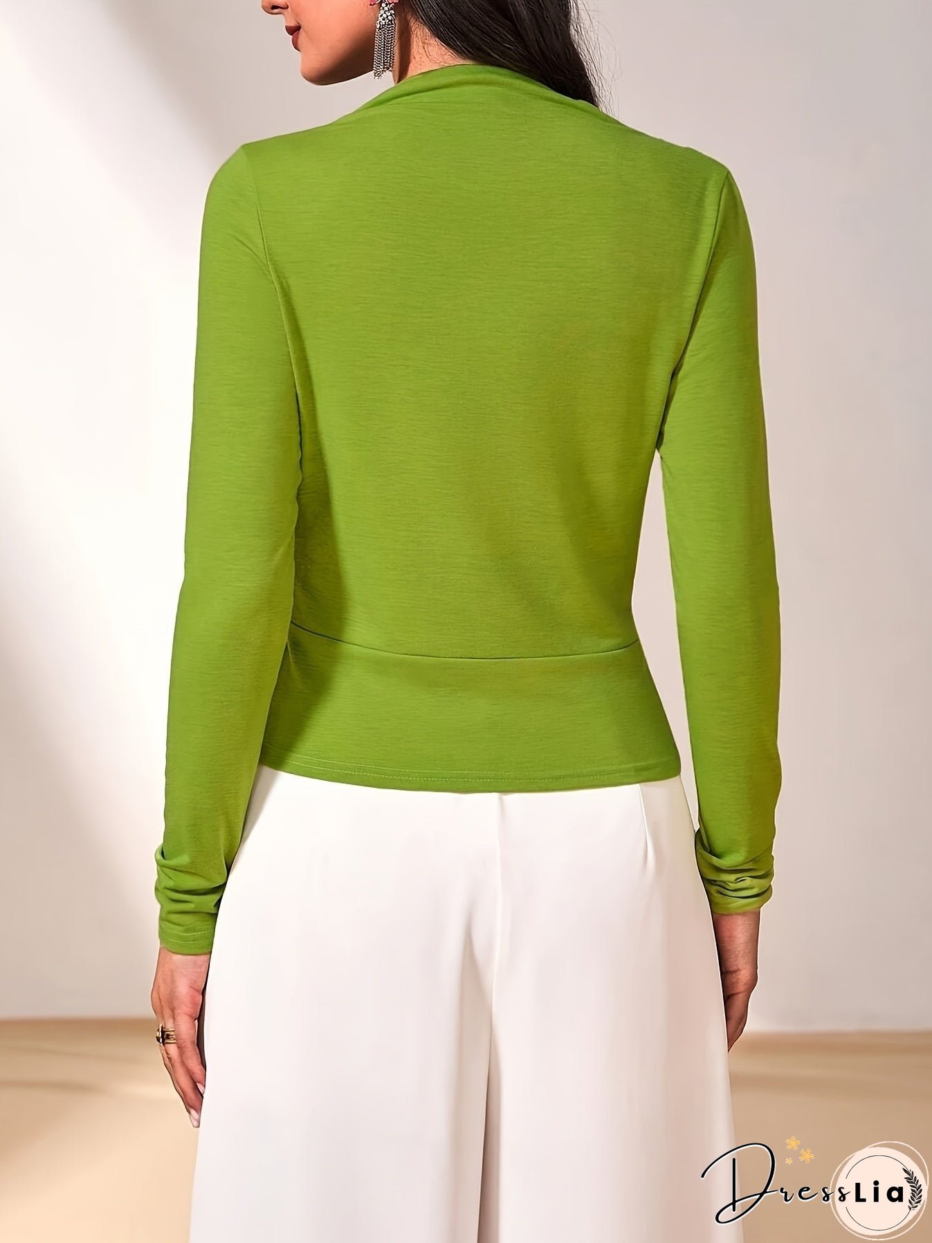 Ruched Surplice Neck T-Shirt, Elegant Long Sleeve Top For Spring & Fall, Women's Clothing