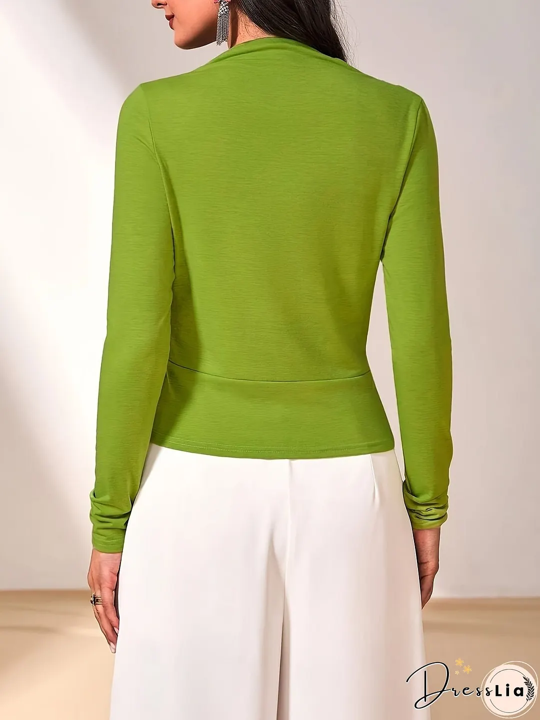 Ruched Surplice Neck T-Shirt, Elegant Long Sleeve Top For Spring & Fall, Women's Clothing