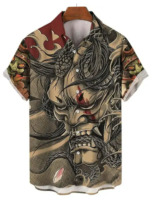 Oni Mask and Serpent Beige Button-Up Shirt PLUSCLOTHESMAN