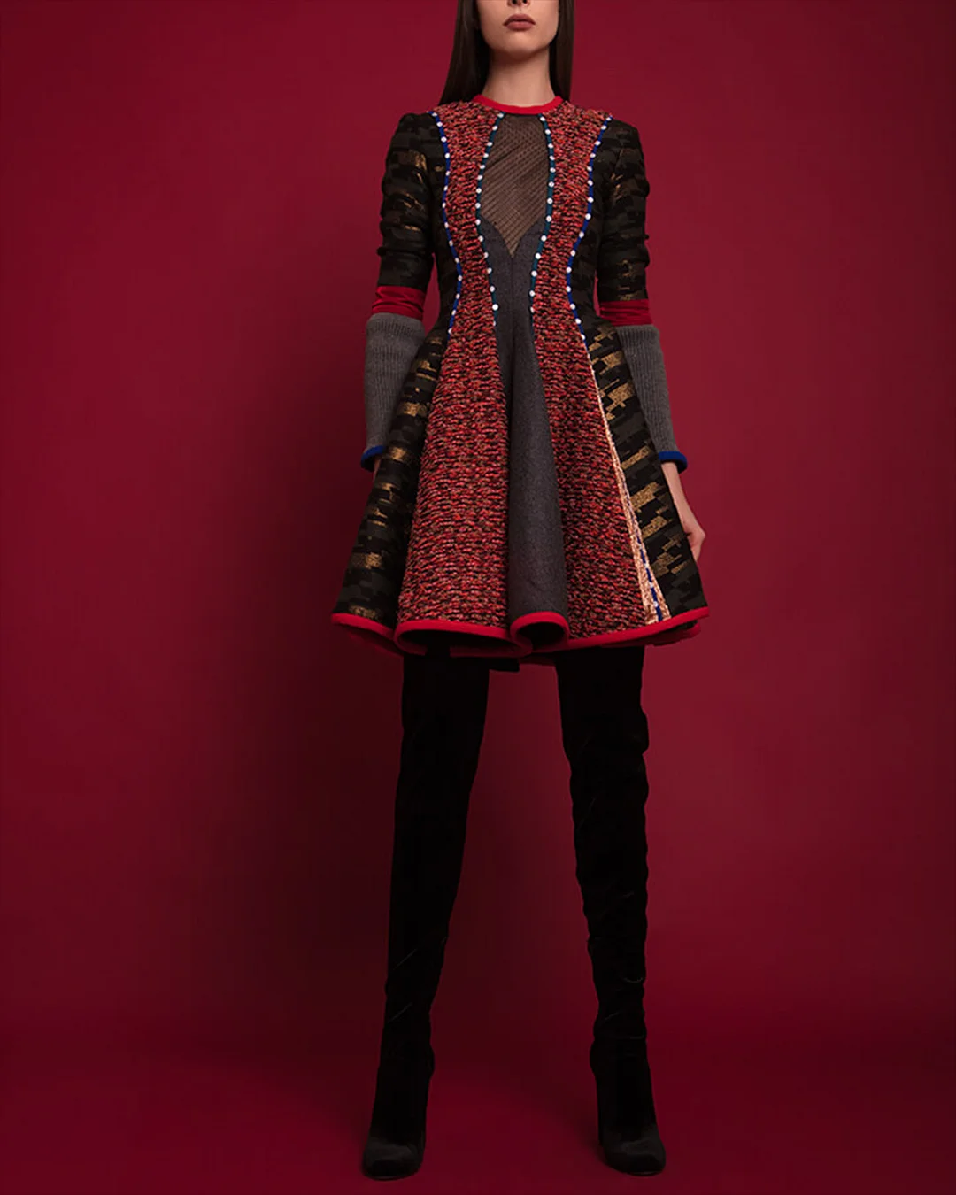 Women's Round Neck Long Sleeve Panel Dress