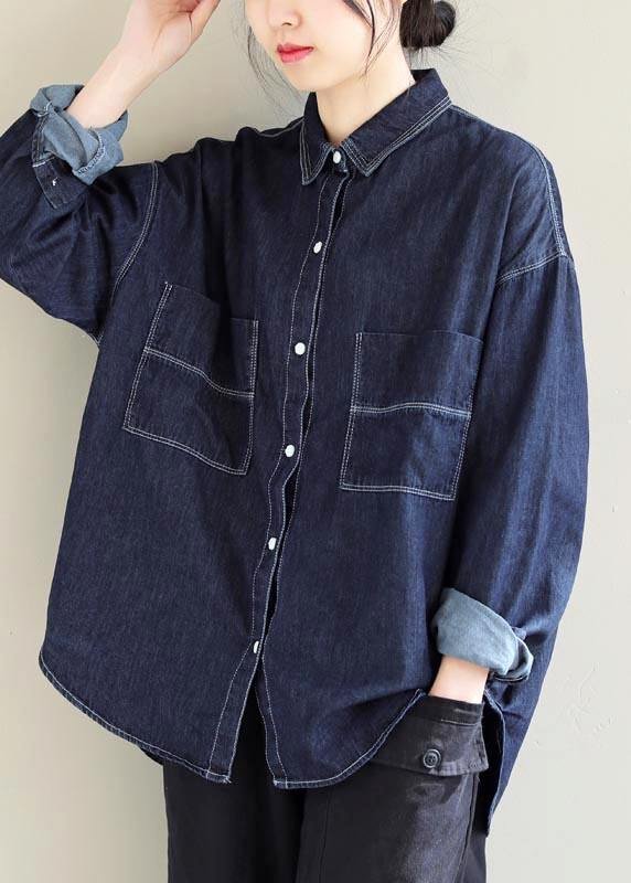 Bohemian Lapel Pockets  Tops Women Pattern Denim Blue Shirt