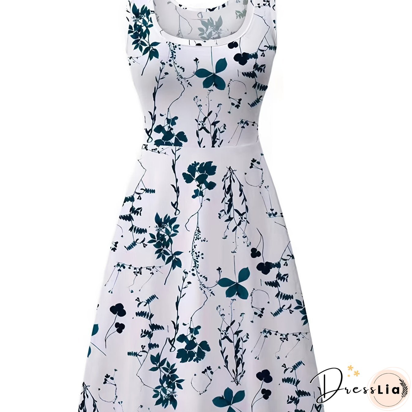 Plus Size Elegant Dress, Women's Plus Floral Print Round Neck Medium Stretch Tank Dress