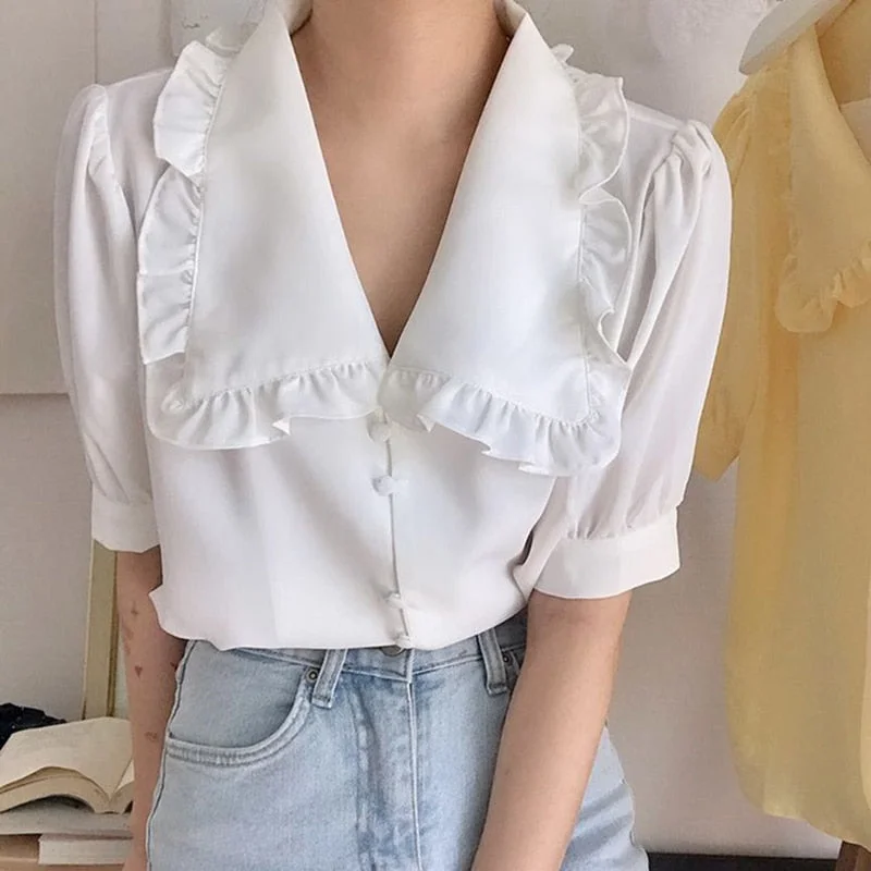 Sweet White Chiffon Blouse Women Ruffle Elegant Button Women Shirt Tops Summer Chic Puff Sleeve Blouses Woman Blusas Mujer 10196