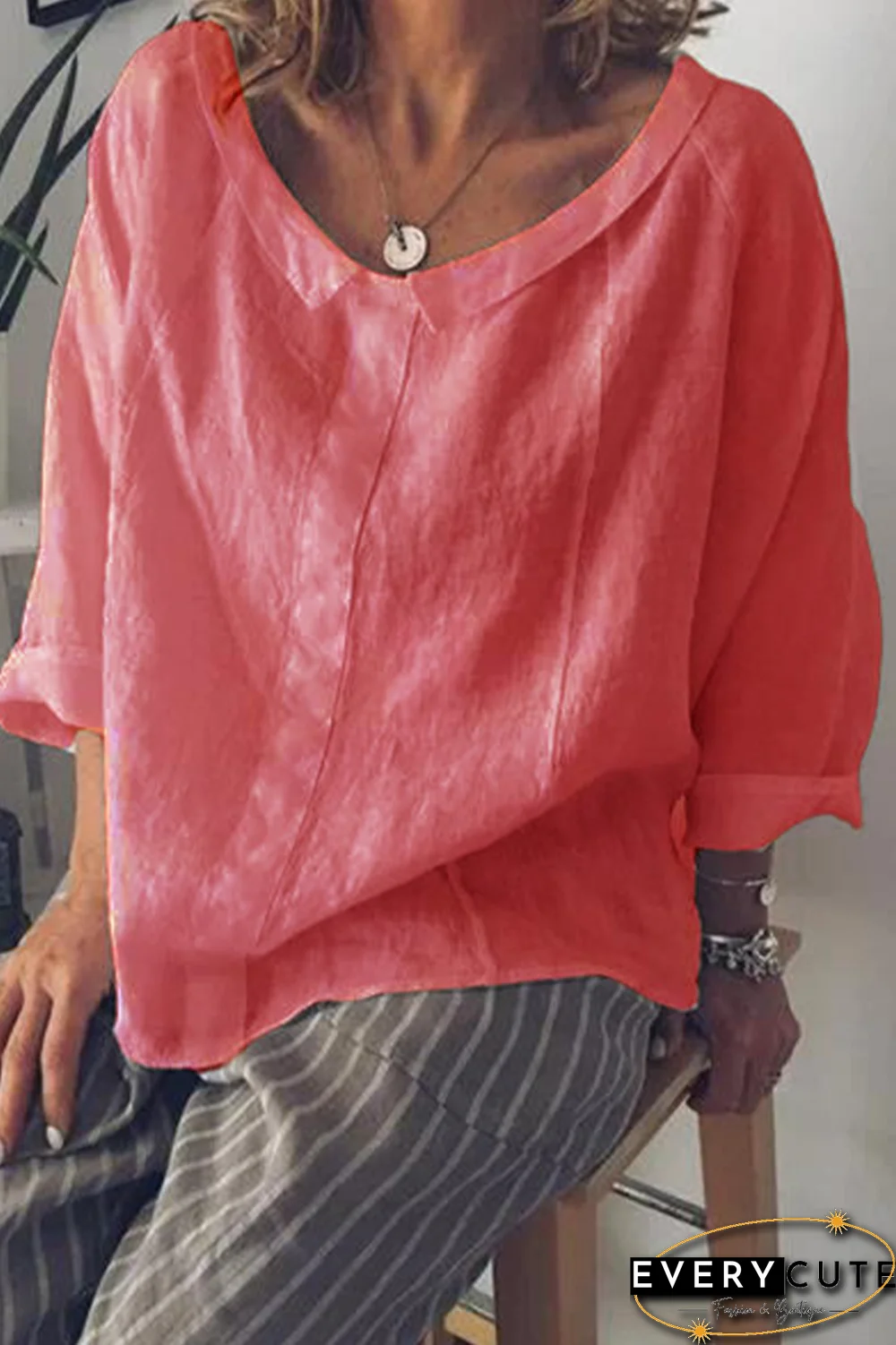 Solid O Neck Loose Blouse