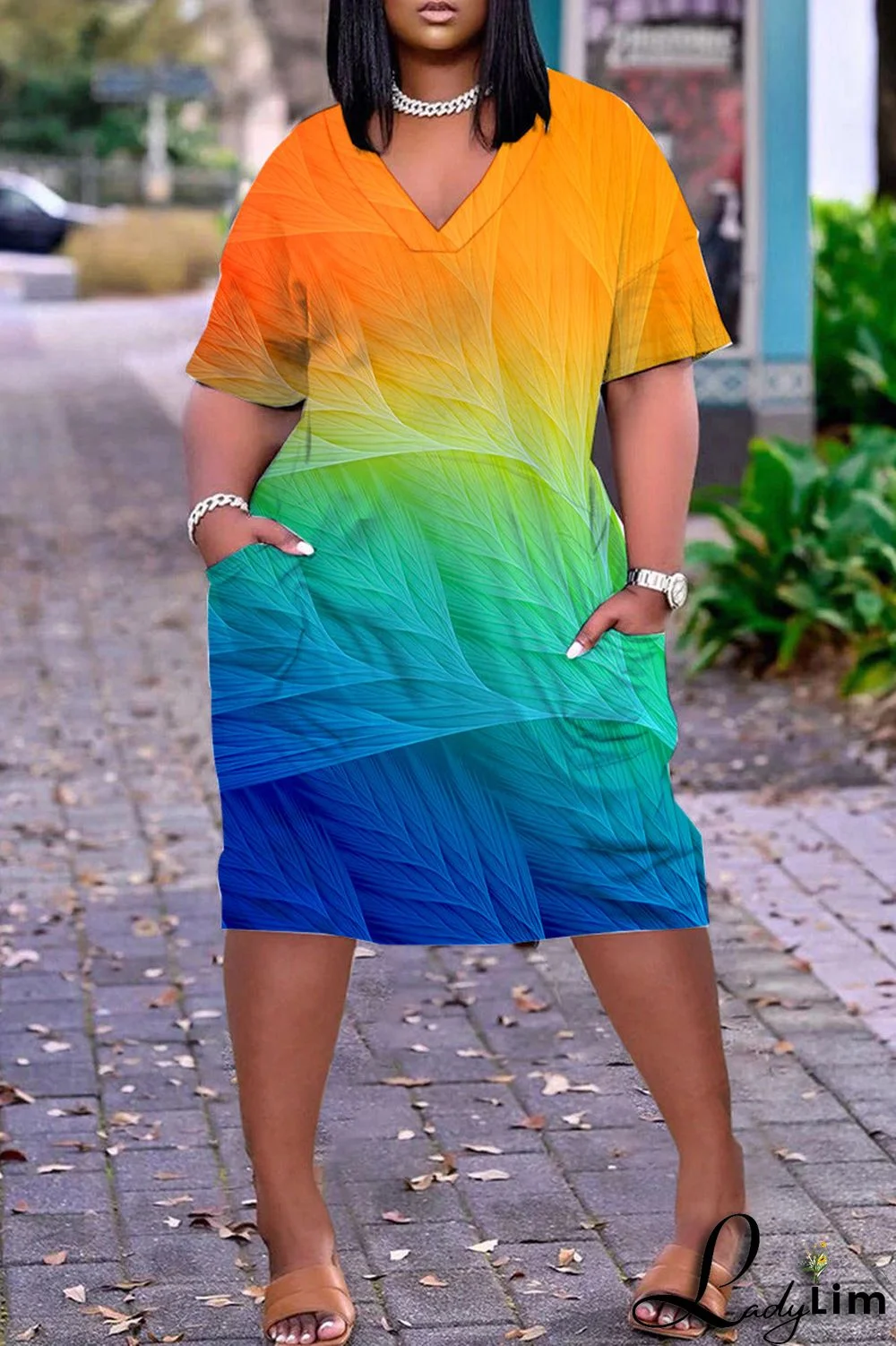 Orange Green Casual Print Patchwork V Neck Short Sleeve Dress