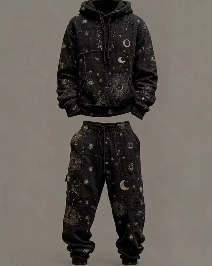 Men's Spring/Summer Fashion Star and Moon Embroidery Color Block Two-Piece Set 5393