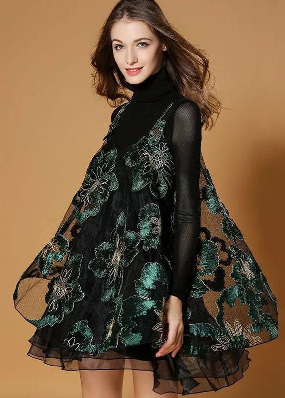 VCSHOES Black Turtle Neck Embroideried Organza Two-Piece Set Spring