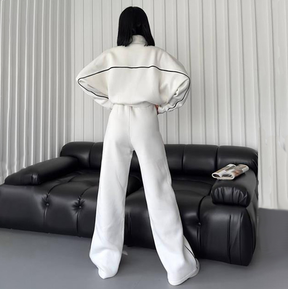 Casual Set Long Sleeve Half High Neck Cardigan Sweatshirt Lace Up Striped Pants