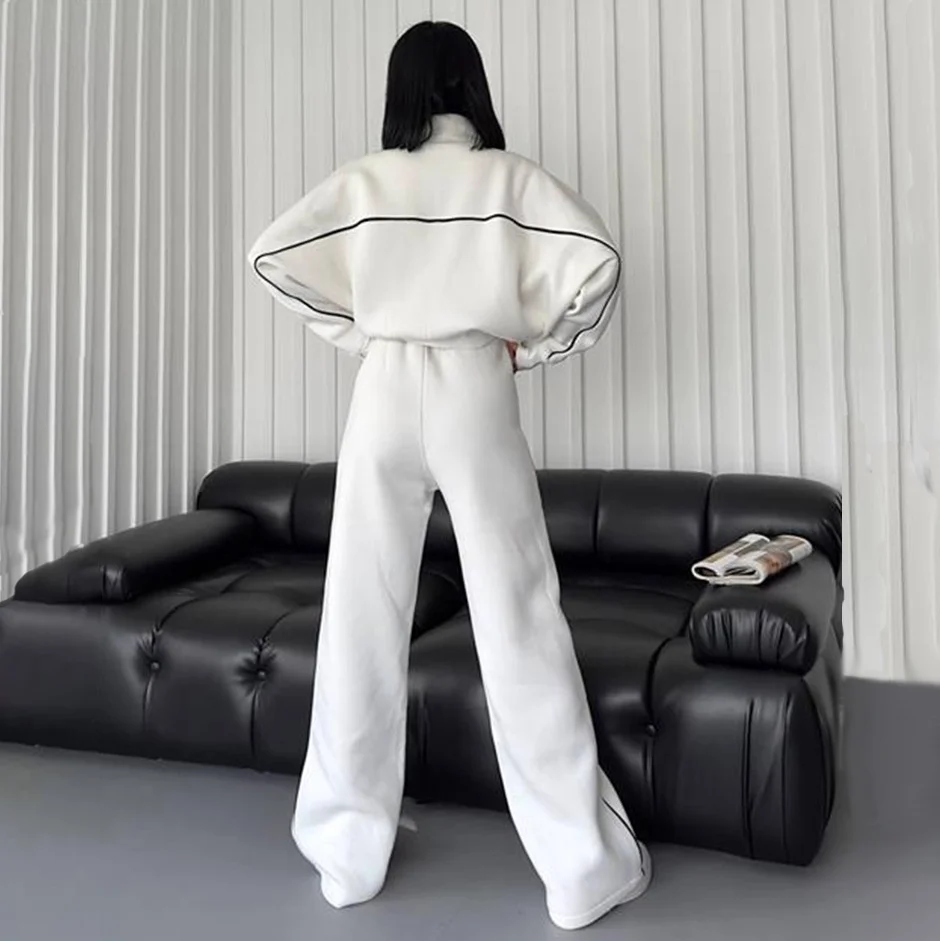 Casual Set Long Sleeve Half High Neck Cardigan Sweatshirt Lace Up Striped Pants