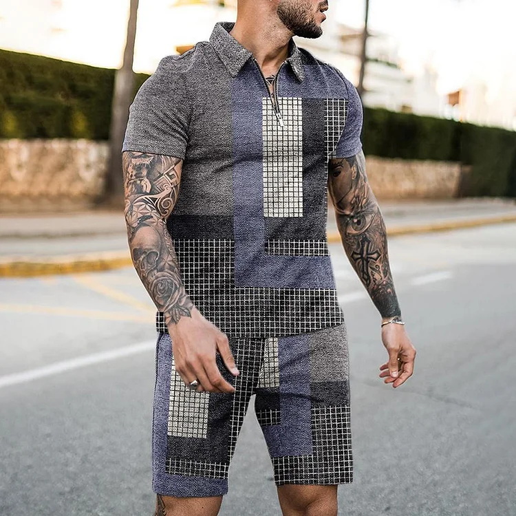 BrosWear Gray Plaid Stitching Print Polo Shirt And Shorts Co-Ord