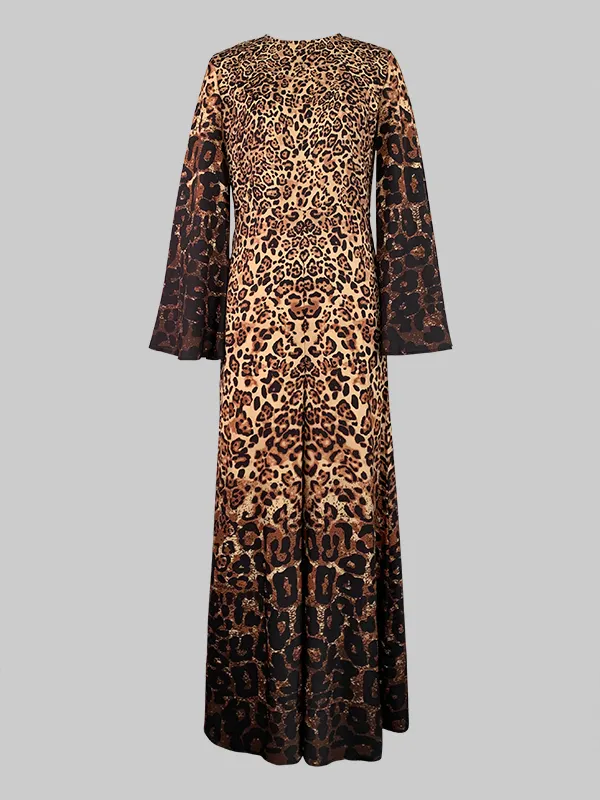 Printed Leopard Print Jumpsuit Hollow Out Cutout Slim Sheath Long Jumpsuit
