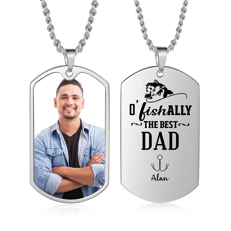 O'Fishally The Best Dad Necklace Custom Photo Dog Tag Necklace with 1 Fishing Hook