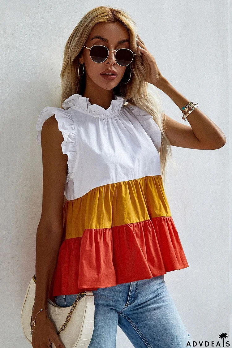 Ruffle Trim Mock Neck Sleeveless Color Block Tank Top