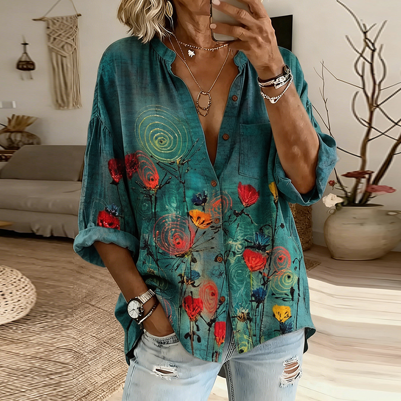Women's Vintage Floral Pattern Art Print Flowy Linen Blend Shirts elevenforest