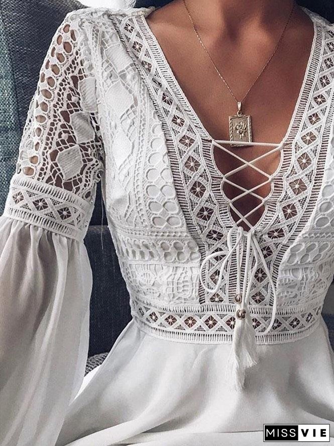 Deep V-neck Tie Long Sleeve Mini Dress for Women