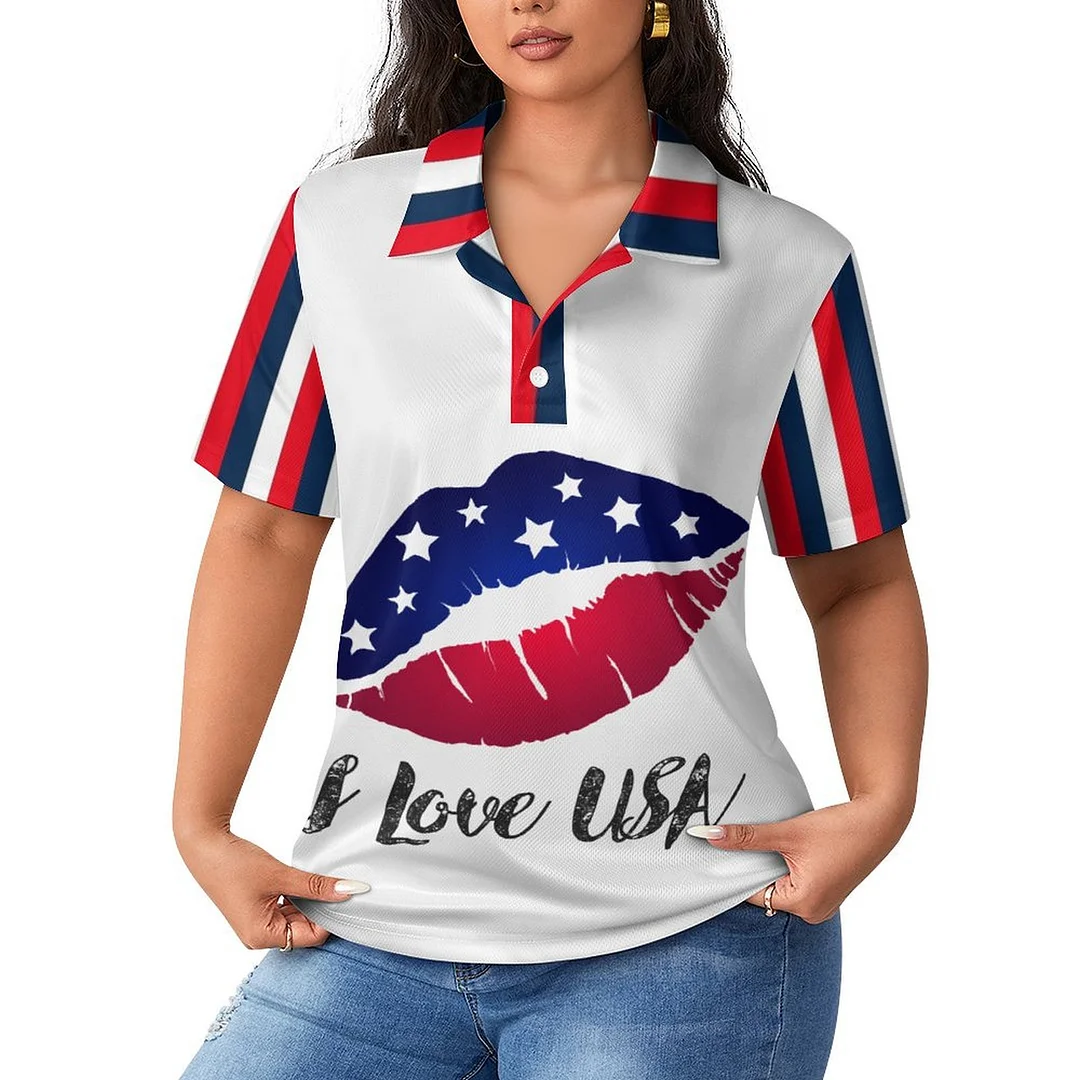 Casual Polo-Shirt Short Sleeve Tops  for Women Printed with Pattern USA, Independence Day, Star, Striped, Blue, Red