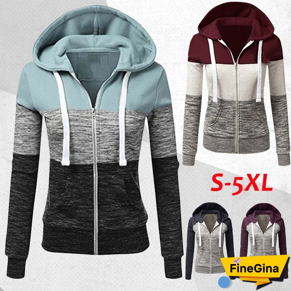 Women Spring/Autumn Casual Long Sleeve Sweatshirts Colorful Patchwork Thin Zip-Up Hoodie Jacket for Drawstring Hoodies S-5XL
