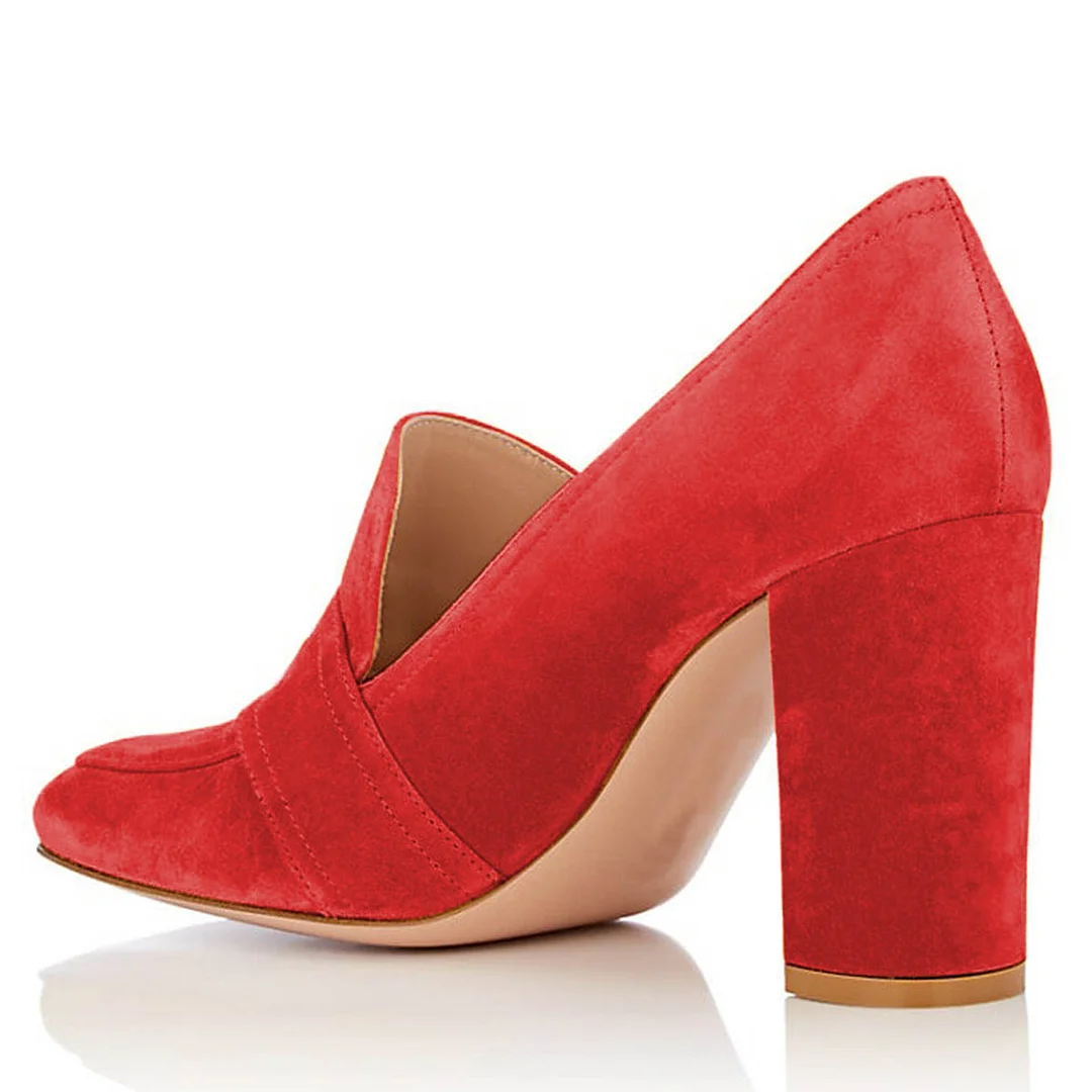 YDN Classic Red Vegan Suede Round Buckle Square Toe Loafer Heels