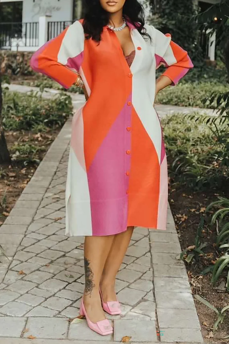 Plus Size Daily Midi Dresses Elegant Orange Colorblock Fall Winter Turndown Collar Long Sleeve Lace Up Chiffon Midi Dresses [Pre-Order]