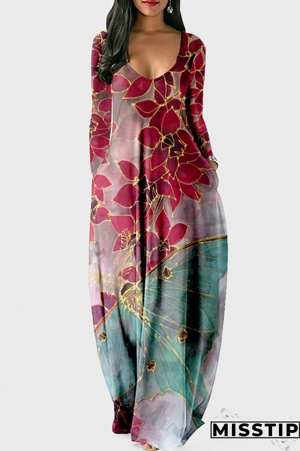 Cyan Fashion Casual Print Patchwork V Neck Long Sleeve Dresses