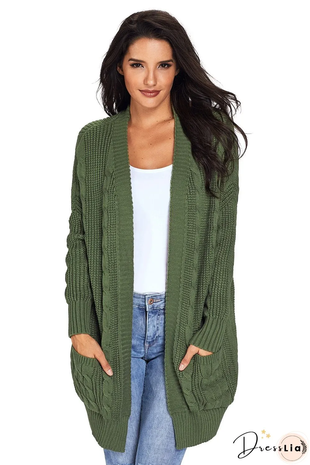 Army Green Knit Texture Long Sleeve Cardigan with pockets