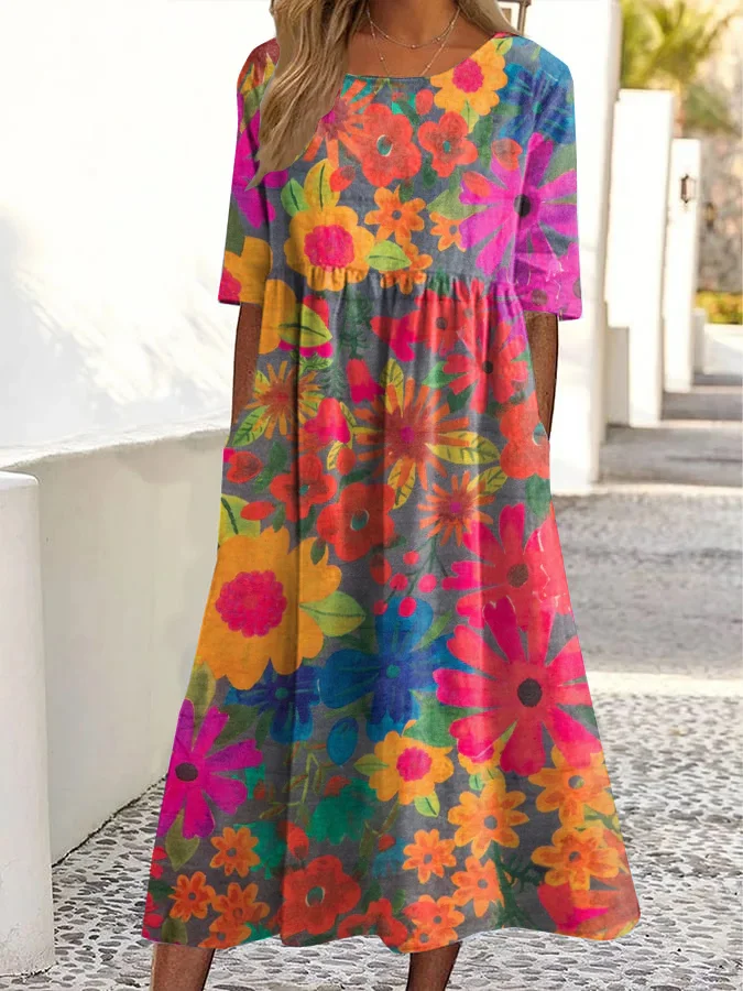 Vintage Bohemian Floral Print Round Neck Pocket Midi Dress