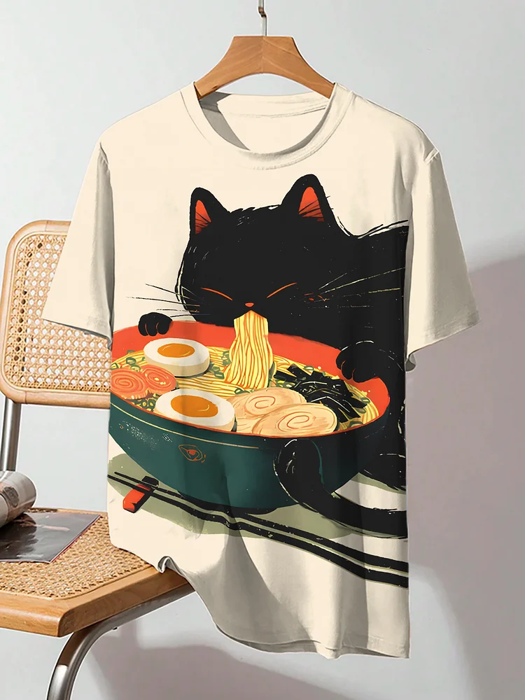 Men's Japanese Cat Eating Ramen Graphic Print T-Shirt