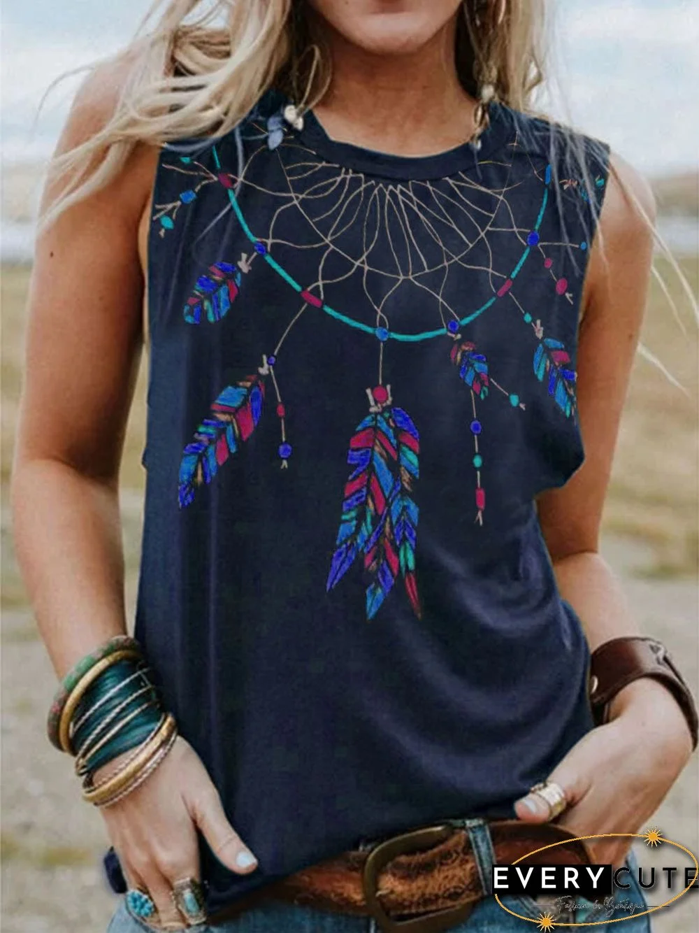 Sleeveless Printed Crew Neck T-shirt