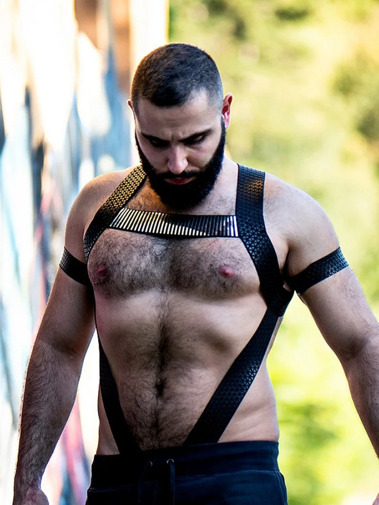 pornhint Pornhint Black gold & leather Elastic shoulder elastic harness gay outfit LGBT gay pride men body harness gay bondage gay clubwear cockring leather pokemon cock version