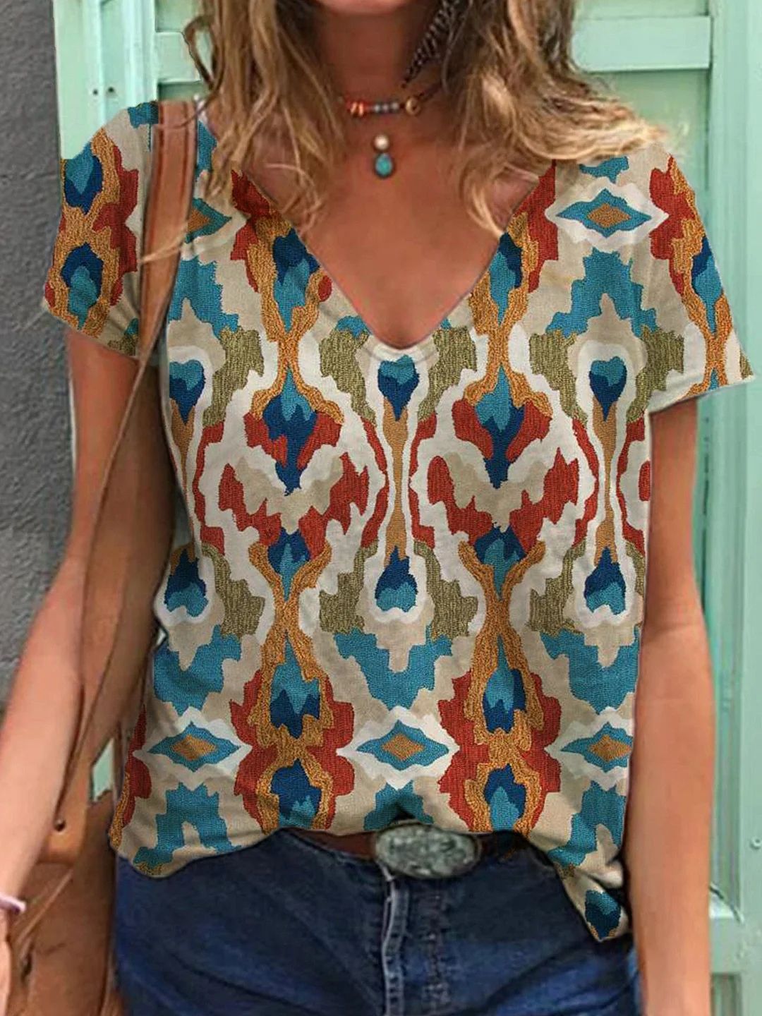 Women Short Sleeve V-neck Printed Graphic Top T-shirts