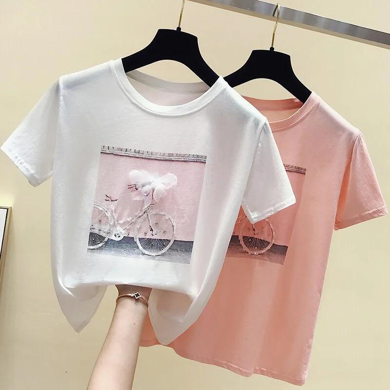Cotton Women T-shirts Spring Summer New Fashion Cool Print Female Summer T-shirt White Casual T Shirt Femme Pink Loose Top 4767