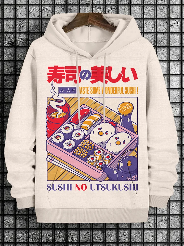 Men's Japanese Sushi No Utsukushi Illustration Print Casual Hoodie