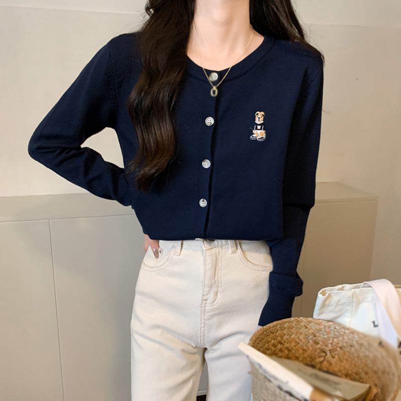 Women's Round Neck Bear Embroidery Button Knit Cardigan Retro Solid Color Long Sleeve Short Tops Jacket