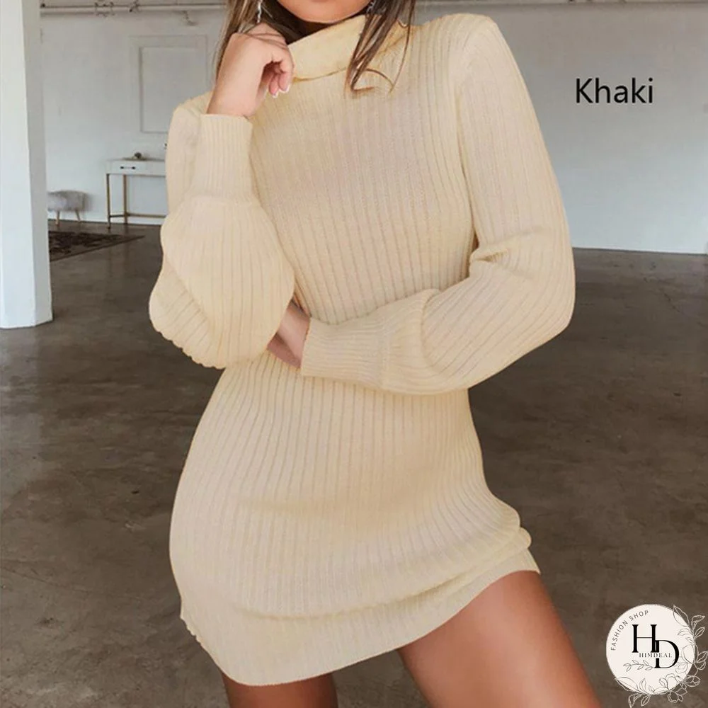 Women Autumn and Winter Long Sleeve Knitted Sweater Dress Ladies Fashion Keep Warm Knitting High Collar Slim Fit Bottoming Mini Knitting Dress