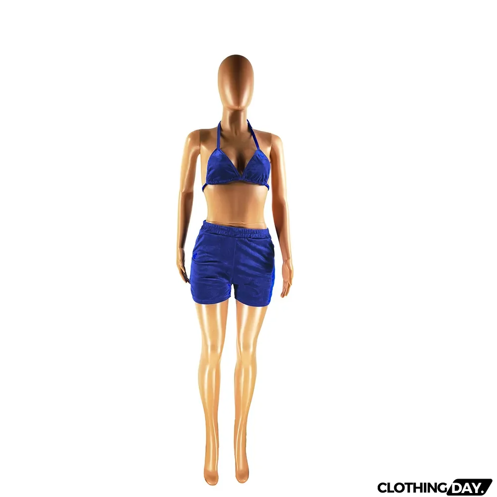 Solid Color Velvet Bra Lace-up Casual Shorts Two-piece Set