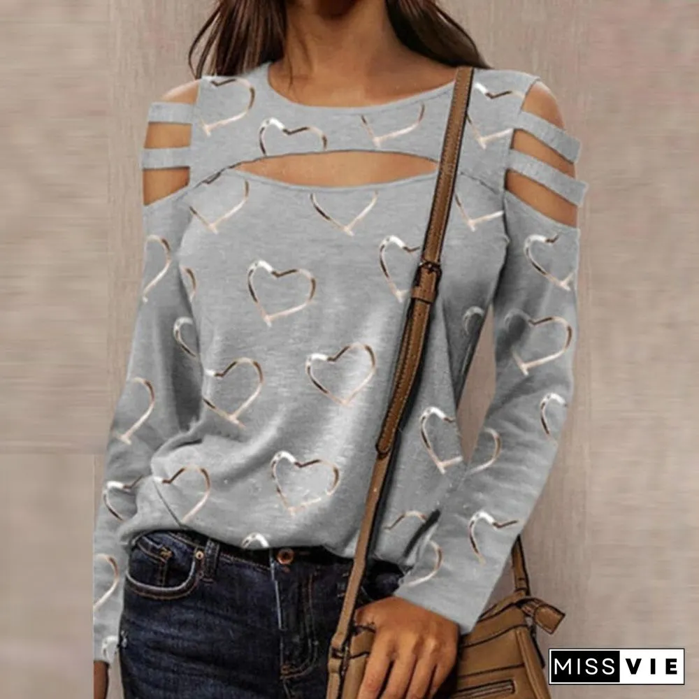 Casual Heart Print Women Blouses Shirts Elegant Spring V Neck Loose Pullover Tops Fashion Hollow Out Long Sleeves Blusa 3Xl