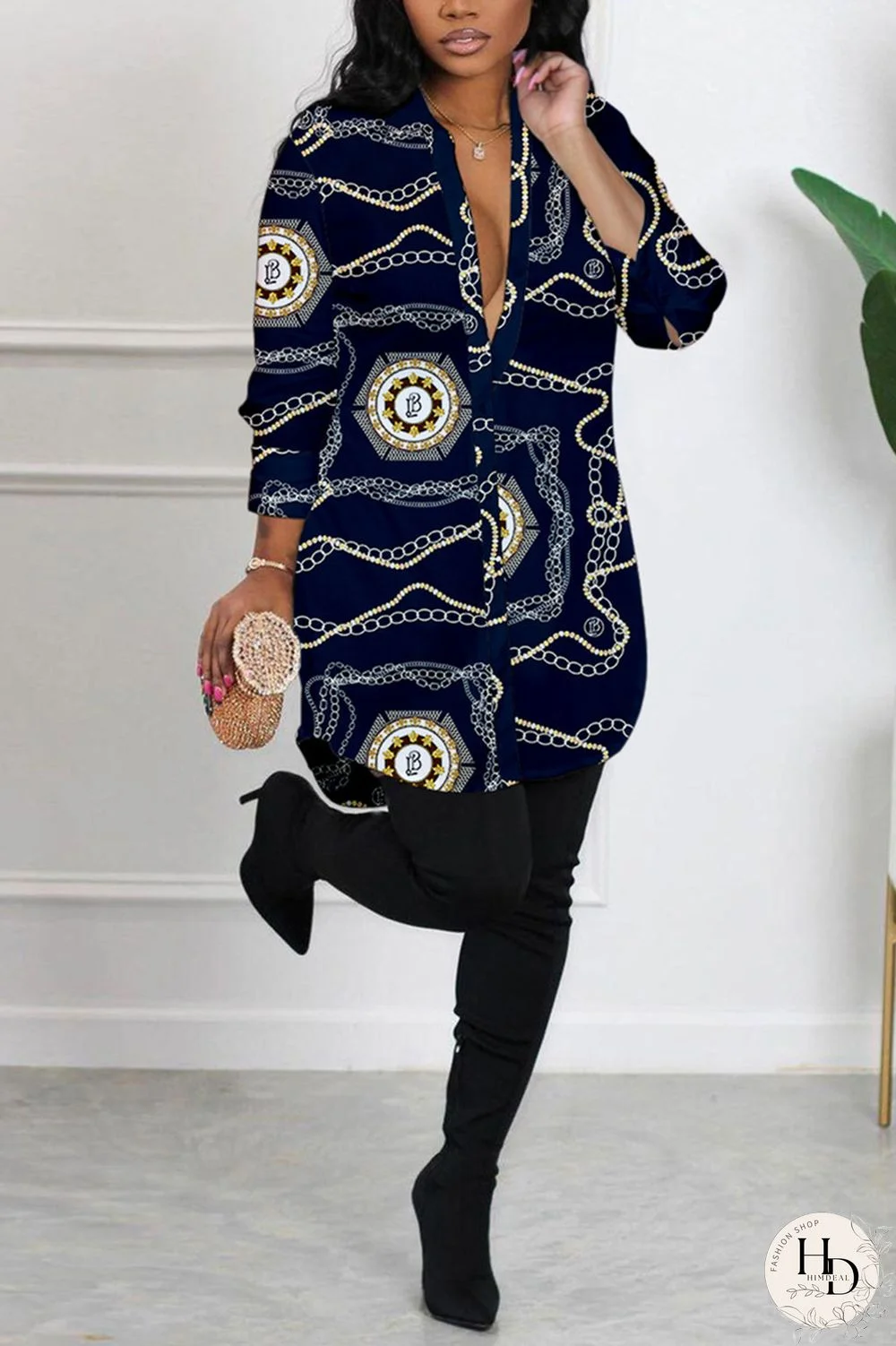 Tibetan Blue Sexy Casual Print Printing Shirt Collar Shirt Dress Dresses