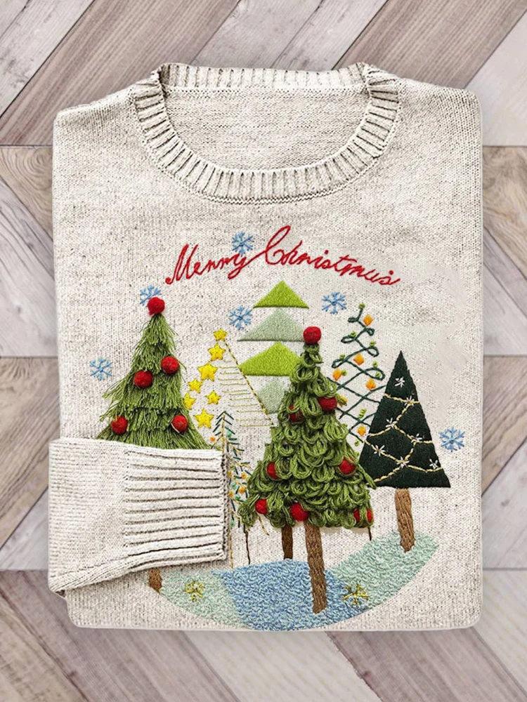 Christmas Tree Embroidery Art Casual Cozy Knit Sweater
