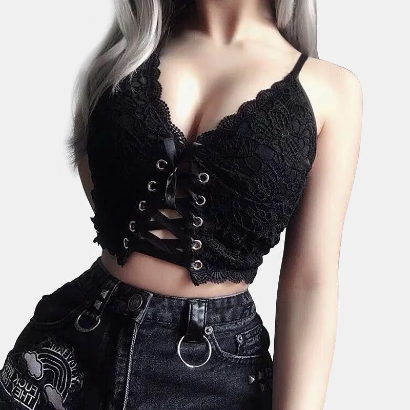 Embroidery V-Neck Black Crop Top