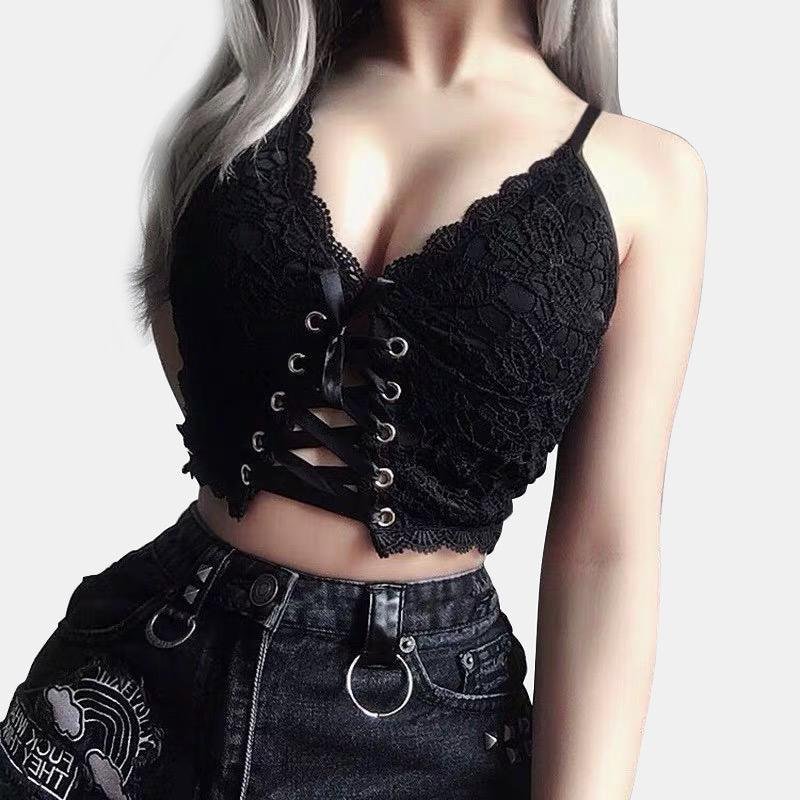 Embroidery V-Neck Black Crop Top