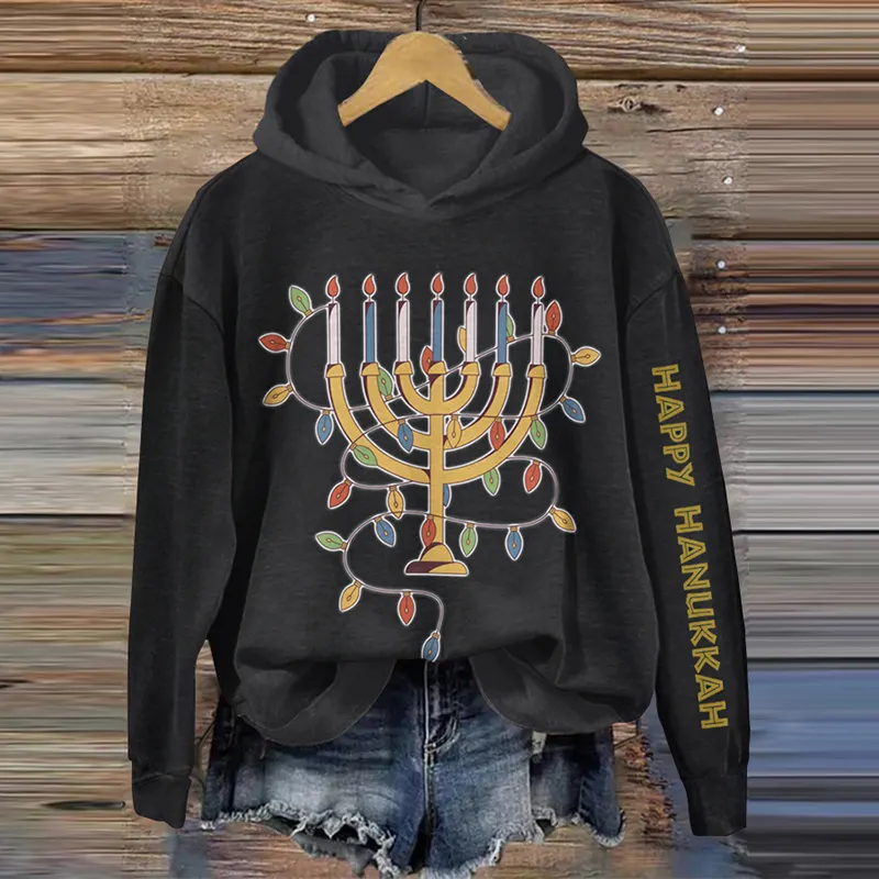 Happy Hanukkah Print Casual Hoodie