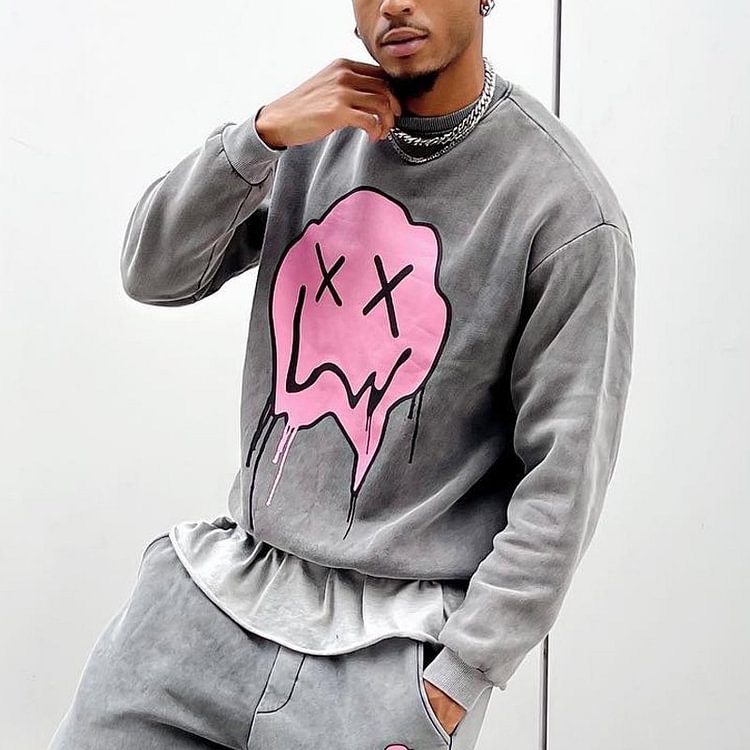 BrosWear Round Neck Pink Oil Painting Smiley Face Sweatshirt