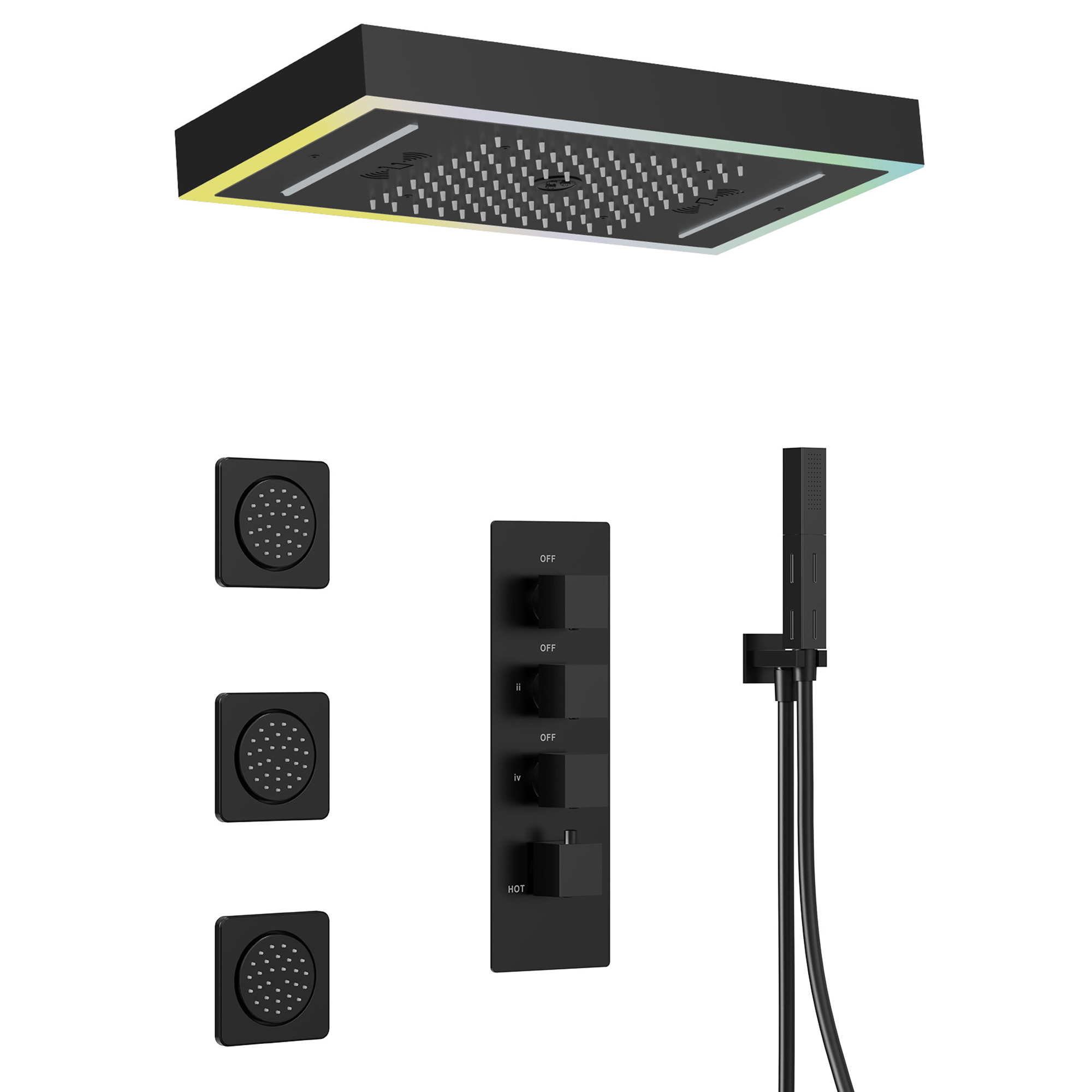 25 in. 3-Spray Ceiling Mount Thermostatic LED Music Dual Fixed and Handheld Shower Head 2.5 GPM in Matte Black