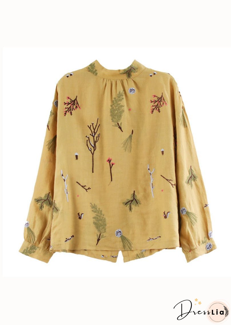 Women Yellow Wrinkled Embroideried Patchwork Linen Shirt Tops Spring